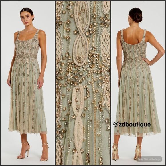 MAC DUGGAL 10078 Green Embellished Mesh Sleeveless Scoop Neck Midi Dress - Picture 1 of 14